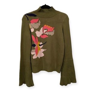 Anthropologie Knitted & Knotted  Mock Neck Abstract Floral Sweater Khaki XS